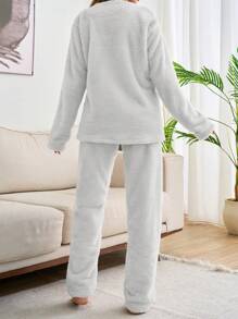 SHEIN Cottnline 2pcs Plush Bear Embroidery Detail Homewear Lounge PJ Set White And Brown White Autumn Cute Casual - White - View 2