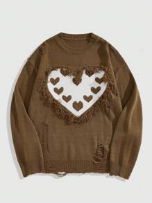 ROMWE MEN Street Life Men's Valentine's Day Contrast Color Heart Shape Distressed Fringe Trim Sweater - Brown - View 1