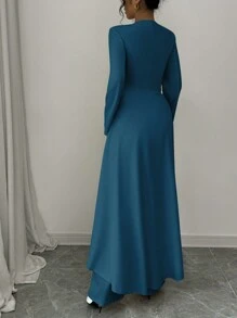 Selianne Áo khoác blazer hai mảnh thanh lịch, thắt eo, viền bèo nhún, cài một nút, dài tay và quần, dành cho nữ - Màu xanh ngọc - Xem 2