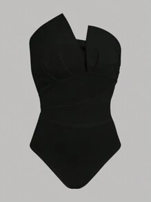 Firerie Women's Ruched Asymmetric Strapless Bodysuit, Elegant For Daily Wear, Vacation, Wedding, Date, Music Festival