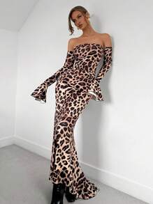 Chiquease Elegantes Damenkleider mit Leoprint, Off-Shoulder, Gerüscht, Bodycon Maxi für Damen Mode-Outfit - Verschiedenfarbig - Übersicht 5