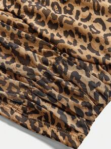 SHEIN Girlism 青少年女孩合身圆领腰部褶皱豹纹休闲喇叭袖 T 恤 - 棕色 - 查看 4