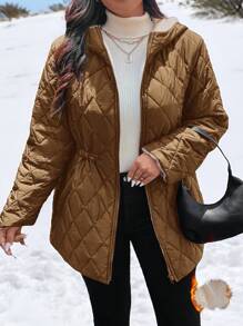 SHEIN Frenchy Plus Size Women Padded Coat With Hat, Thermal Lined, Pockets, Versatile - Brown - View 4