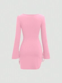 Sweetra 女士方领长袖褶皱性感开衩 Y2K 连衣裙 - 粉色 - 查看 2