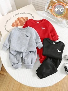 SHEIN 6 Stücke Set für Baby Jungen in rot, dunkelgrau, schwarz, lässige locker geschnittene langärmlige Sweatshirts und Hosen, geeignet für Zuhause und Outdoor, für Herbst/Winter