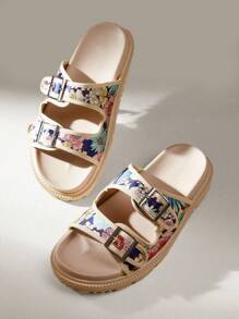 Solecia Damskie płaskie sandały antypoślizgowe z nadrukiem allover, nowe, codzienne, letnie, modne