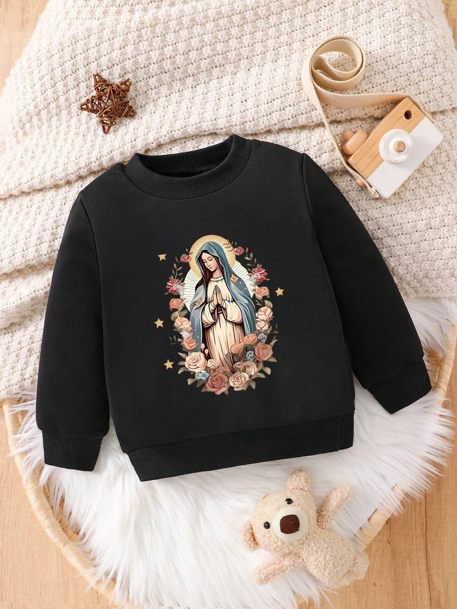 Baby Girl Comfortable Versatile Virgin Mary Print Crew Neck Sweatshirt - Black - View 1