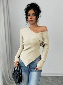 Chiquease 优雅露肩打结针织套头毛衣，适合女士秋冬穿着