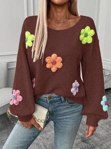 SHEIN LUNE Women 3D Floral Round Neck Long Sleeve Sweater - Rust Brown - View 5