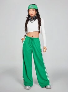 SHEIN Tween 女童春夏运动休闲基本款针织带纹理装饰橄榄绿带纹理装饰阔腿运动裤 - 綠色 - 查看 6