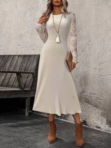 EMERY ROSE Women Lace Patchwork Round Neck Long Sleeve Casual Mini Dressspring Clothes - Apricot - View 7