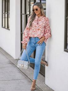 SHEIN LUNE 女士印花橙色休闲长袖衬衫 - 橘色 - 查看 4