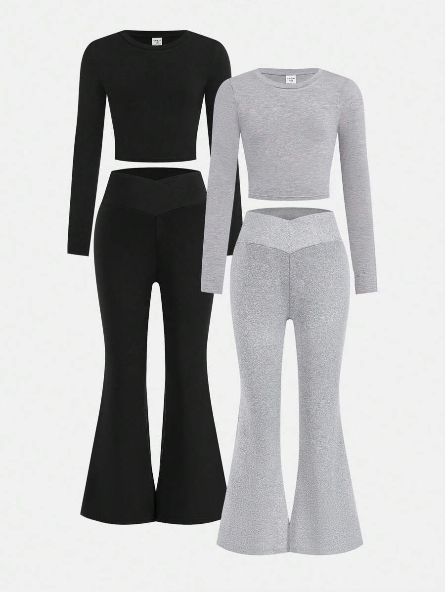 SHEIN Girlism 2 件 Tween 女童休闲圆领 T 恤和裤子套装 - 彩色 - 查看 1