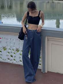 DAZY Women's Solid Color Loose Wide-Leg Long Denim Jeans