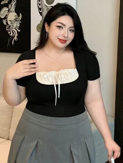 Dazy Plus Plus Size Contrast Lace Mock 2-In-1 Fitted Short Sleeve T-Shirt, Spring/Summer Cute Tops, Back To School Clothes