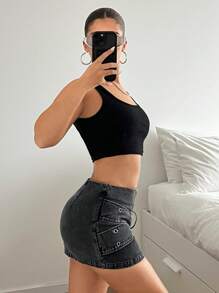 SHEIN ICON 女式 Y2k 休闲前拉链低腰金属扣装饰迷你裙，休闲日常穿着 - 灰色 - 查看 7