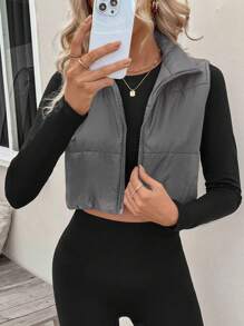 SHEIN LUNE 纯色拉链无袖加垫背心，休闲秋冬装 - 灰色 - 查看 3