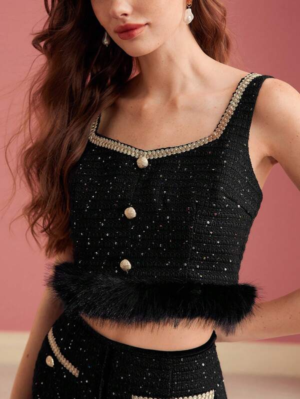 MOTF PREMIUM TWEED CONTRAST FUZZY HEM TANK TOP