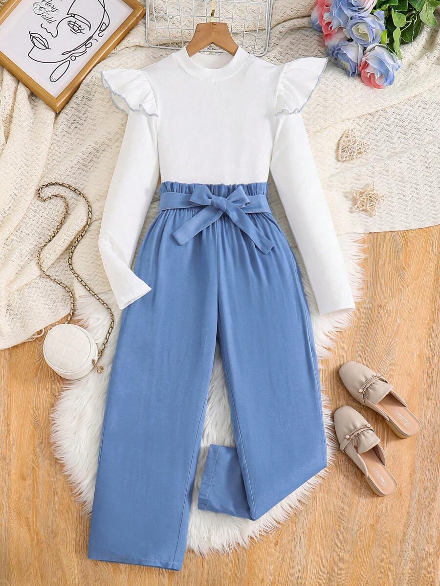 SHEIN 2pcs/Set Young Women's Spring/Autumn Knit Short Cap Sleeve Fitted TShirt + Woven Loose