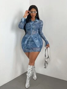 Maweii Plus Size Denim Effect Sexy Ruched 2 Pieces Set Fall Cloth For Women - Blue - View 3