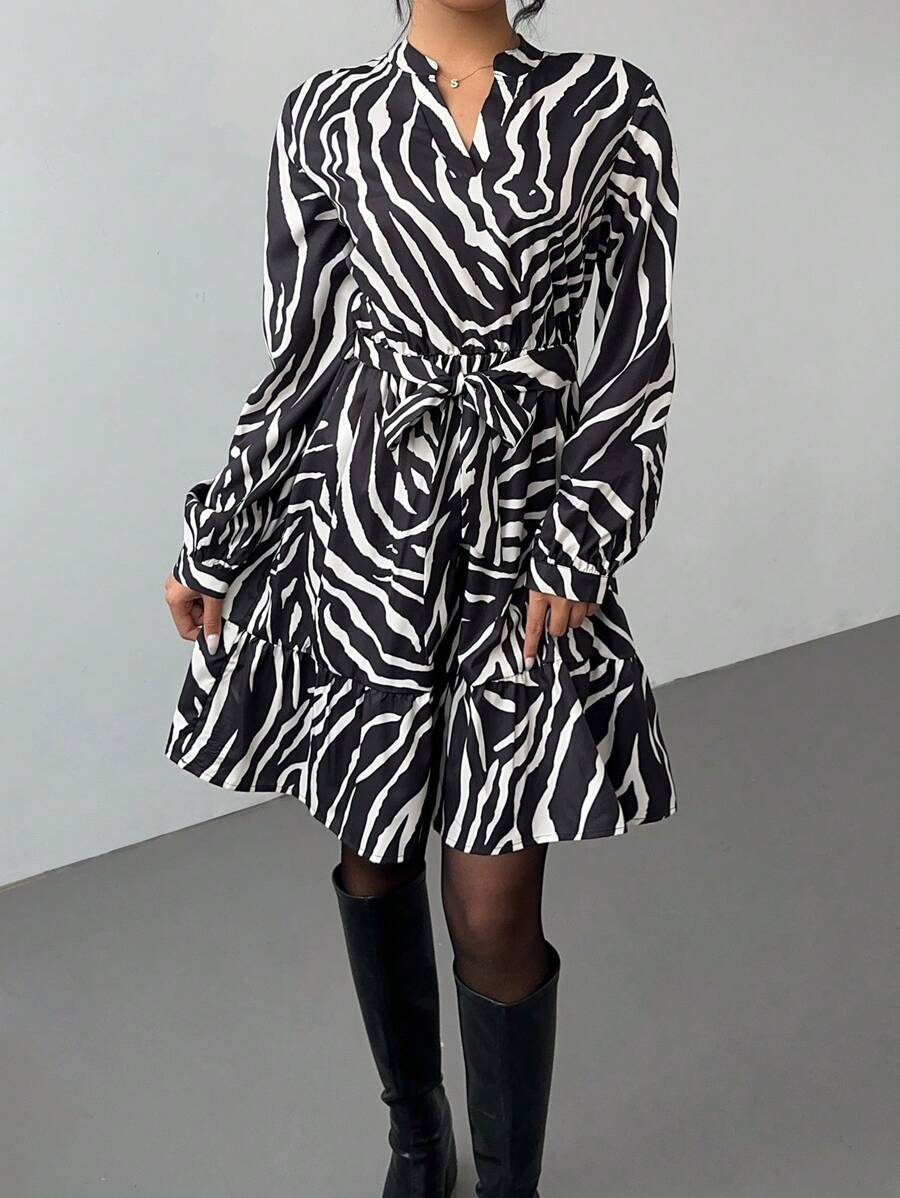 SHEIN Essnce Women's V-Neck Ruffle Hem Zebra Print Dress With Belt, Animal Print Pattern Short Mini Dresses - Black and White - View 1