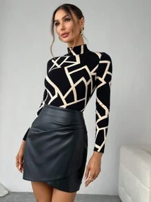 SHEIN Privé Women Geometric Pattern Stand Collar Fitted Long Sleeve Sweater, Autumn / Winter - Black - View 2