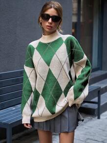 EURMUSE Women Mock Neck Diamond Pattern Drop Shoulder Pullover - Green - View 2