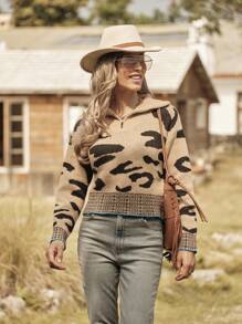 LanaWest 女士休闲复古豹纹半拉链套头毛衣针织衫秋冬款 - 卡其色 - 查看 4