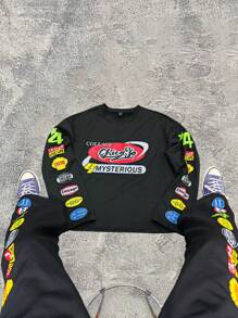 Manfinity Roghcode 2 Pieces Printed Knitted Young Street Suit, Graphic Men T Shirt, Long Sleeve, Motorcycle Graphic Printed On Sleeves And Legs, Street Wear - Black - View 1