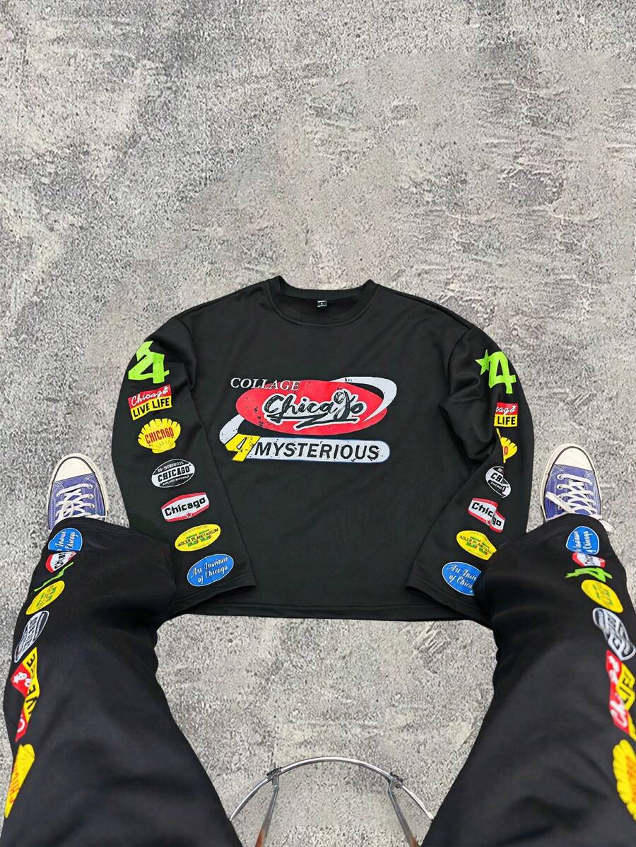 Manfinity Roghcode 2 Pieces Printed Knitted Young Street Suit, Graphic Men T Shirt, Long Sleeve, Motorcycle Graphic Printed On Sleeves And Legs, Street Wear - Black - View 1