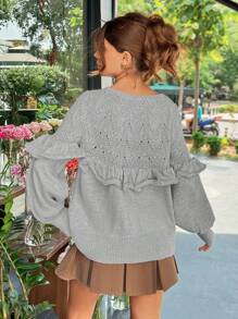 EURMUSE Women's Solid Color Ruffled Jacquard Pullover Sweater, Long Sleeve, Autumn/Winter - Light Grey - View 2