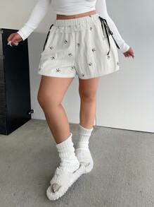 Flirla Plus Size Women Casual Flared Pants With Lace Trim & Bow Decor, Loose Shorts Fit For Summer - Beige - View 5