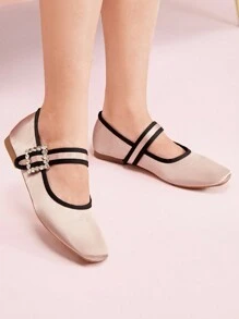 CUCCOO DOLLMOD Women's Round Toe Rhinestone Buckle Simple Flat Shoes Fall - Baby Pink - View 1