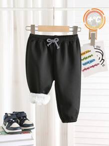 SHEIN Baby Boys Black & White Thermal Lined Casual Loose Elastic Waist Sports Pants, All-Match & Versatile For Outdoor & Indoor Wear, Winter - Black - View 7