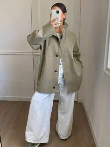 Livesso 宽松长袖腰带口袋女式风衣女式夹克，秋季女装 - 綠色 - 查看 8