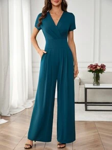 Ellevyn Salopetă elegantă cu mânecă scurtă de culoare solidă pentru femei