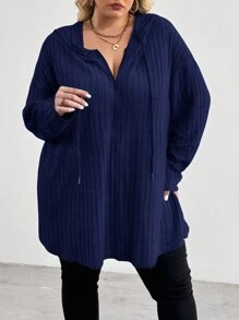 SHEIN CURVE+ Áo chui đầu lông cừu có mũ trùm đầu rộng rãi, khóa kéo hở một nửa, cỡ lớn, họa tiết - Màu xanh lam - Xem 1