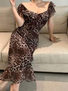 DAZY 100% Chiffon Leopard Print Ruffle Patchwork Women Short Sleeve Dress Summer Sundress Vacation Outfits Women - Brown - View 2