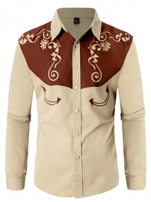 Manfinity Homme Plus Size Western Brown Front Button Graphic Print Long Sleeve Shirt - Brown - View 3