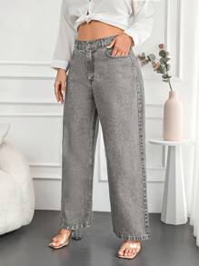 EURMUSE 100%Cotton Plus Zipper Fly Wide Leg Jeans - Grey - View 3