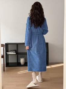 DAZY Thick Fleece Simple Round Collar Bathrobe, Winter Pajama,Thermal Lined - Blue - View 2