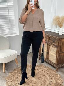 EMERY ROSE Plus Size Fall Clothes Curve Thanksgiving Women Spring Autumn Solid Notch Neck Roll-Up Sleeve Casual Blouse - Khaki - View 5