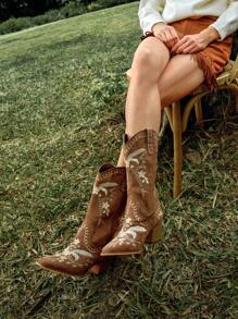 MOTF PREMIUM WOMEN'S FASHION CHUNKY HEEL EMBROIDERED ANKLE BOOTS - Brown - View 11