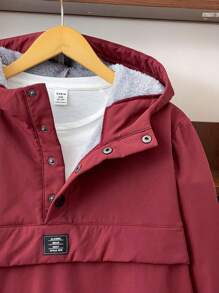 SHEIN 青少年男孩休闲字母印花贴片半襟长袖连帽夹克，春秋季 - 酒紅色 - 查看 4