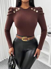 SHEIN Clasi Women's Crew Neck Raglan Sleeve Metal Button Decor Fitted Basic T-Shirt, Coffee, Regular Fit, Autumn/Winter Fall Cloth For Women - Coffee Brown - View 5