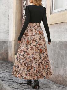 INAWLY Vestido con manga abullonada y estampado floral para mujer, para primavera y otoño