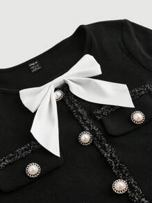 SHEIN MOD 女士优雅丝带拼布蝴蝶结装饰长袖长裙、冬季连衣裙、优雅女裙 - 黑色 - 查看 3