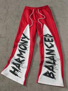 PAVTROS 男士休闲街头时尚字母图案印花双色抽绳腰宽松阔腿运动裤，外出长款街头穿搭宽松拼色运动裤，送给老公、男朋友的礼物 - 紅色 - 查看 1