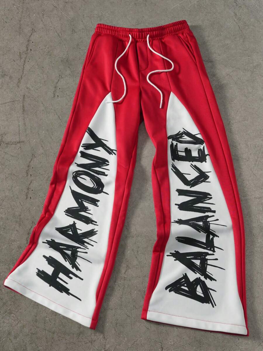 PAVTROS 男士休闲街头时尚字母图案印花双色抽绳腰宽松阔腿运动裤，外出长款街头穿搭宽松拼色运动裤，送给老公、男朋友的礼物 - 紅色 - 查看 1
