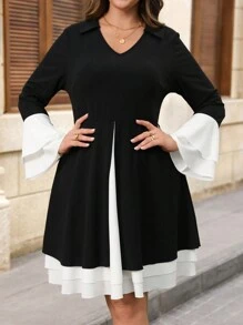 SHEIN Clasi Black & White Color Block Plus Size Layered Dress, Elegant For Everyday Wear In Autumn/Winter - Black and White - View 4